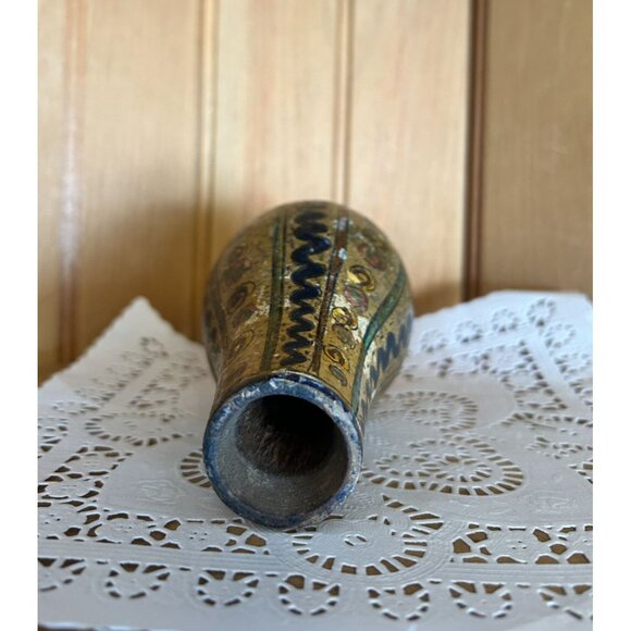 Hand Turned Wood Vase Hand Painted Rustic Abstract Boho Style Home Decor - Picture 3 of 6